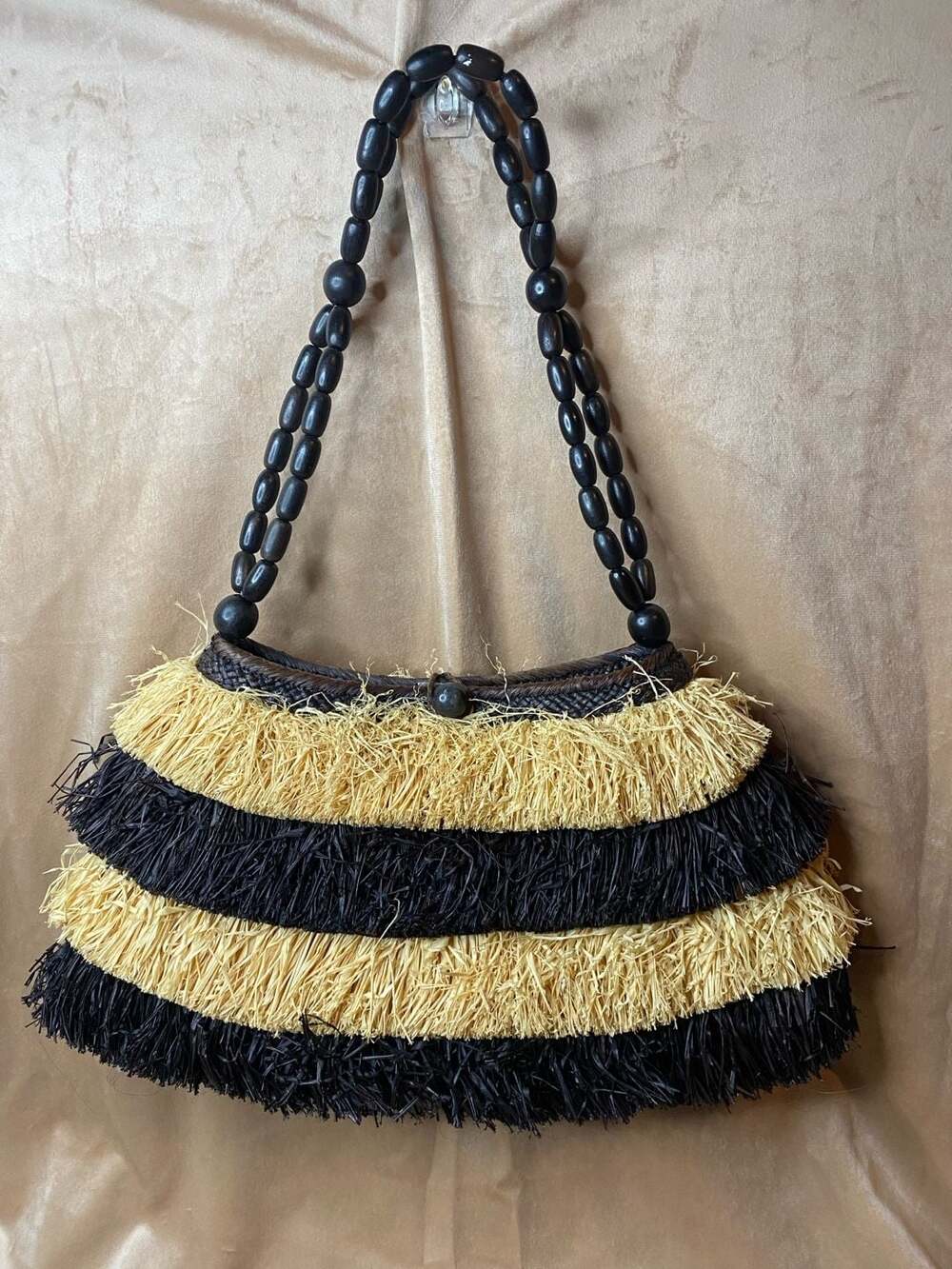 Boho Vacation Resort Woven Straw Clutch with Fringe and Beaded Handle - Picture 1 of 7